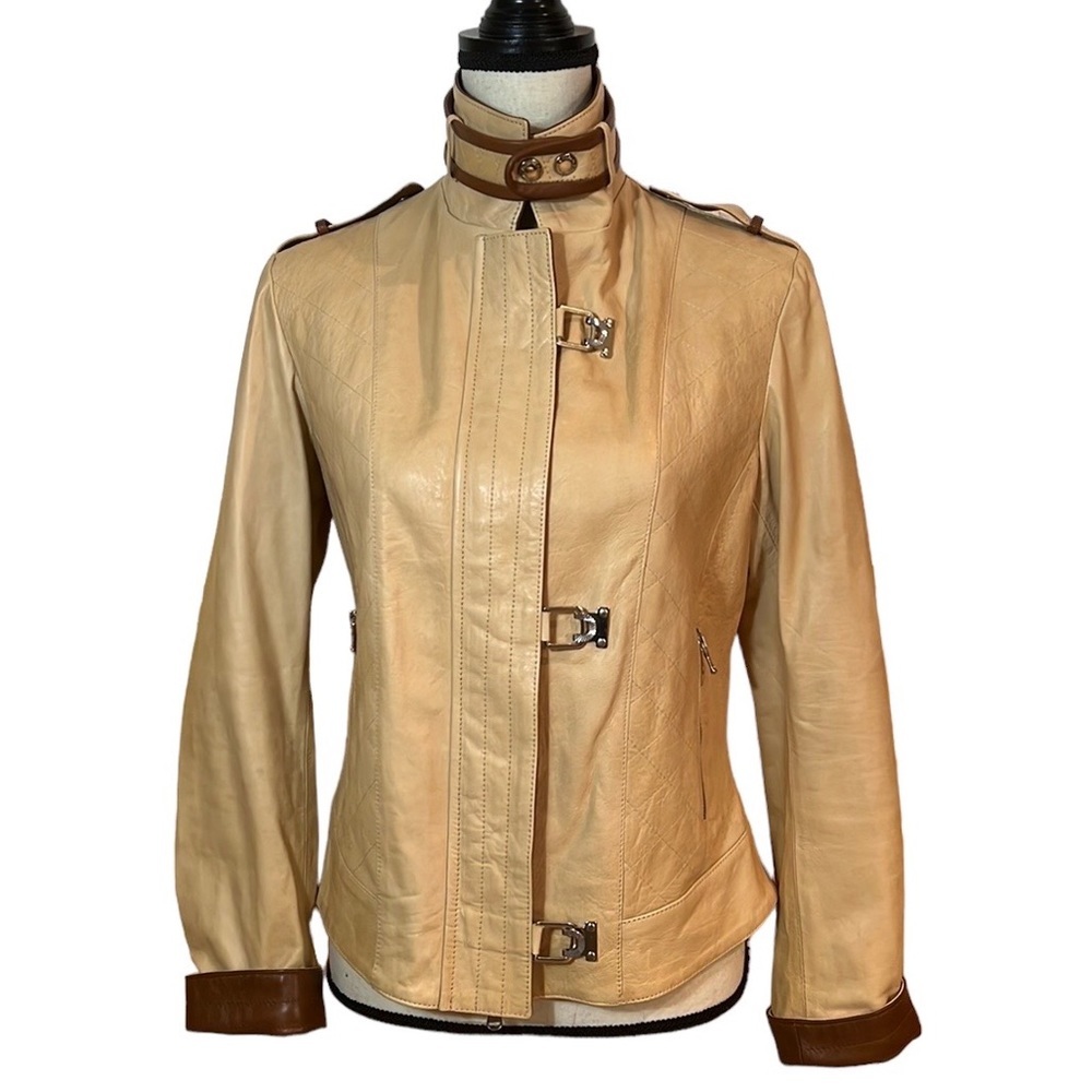 Women's Beige Leather Buckle-Front Jacket